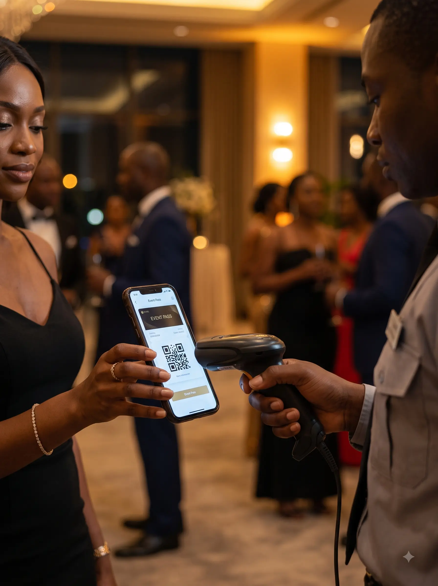 Gate manager scanning a guest pass with a phone at the entrance